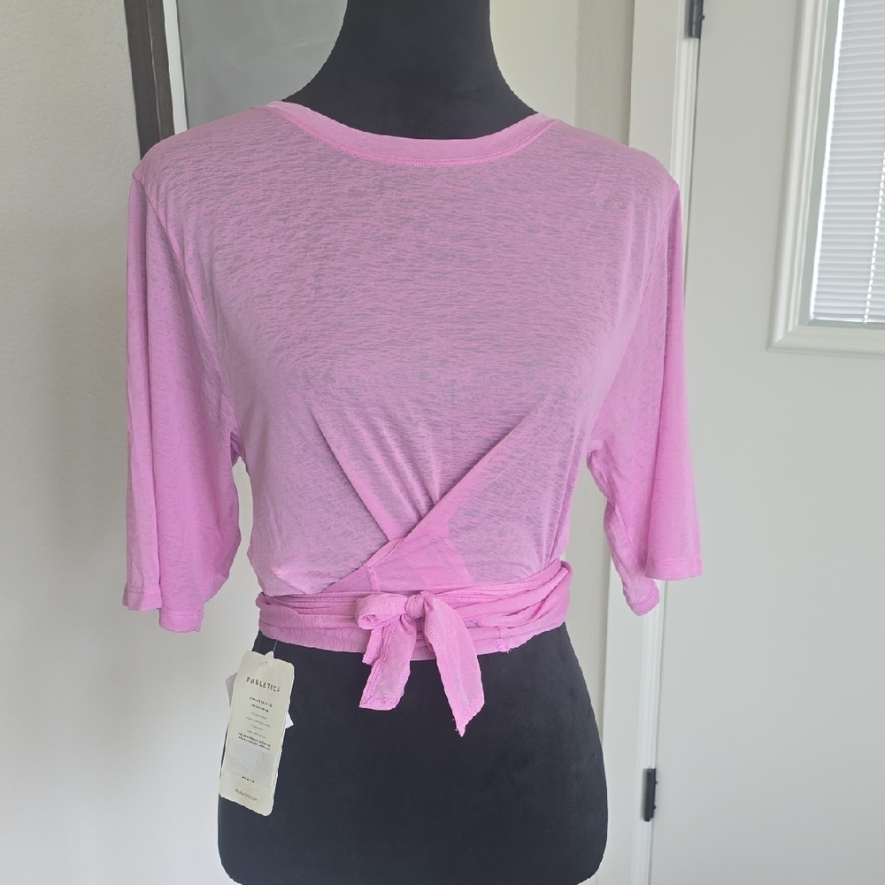Fabletics Pink 3/4 Sleeve Tie Front T-Shirt